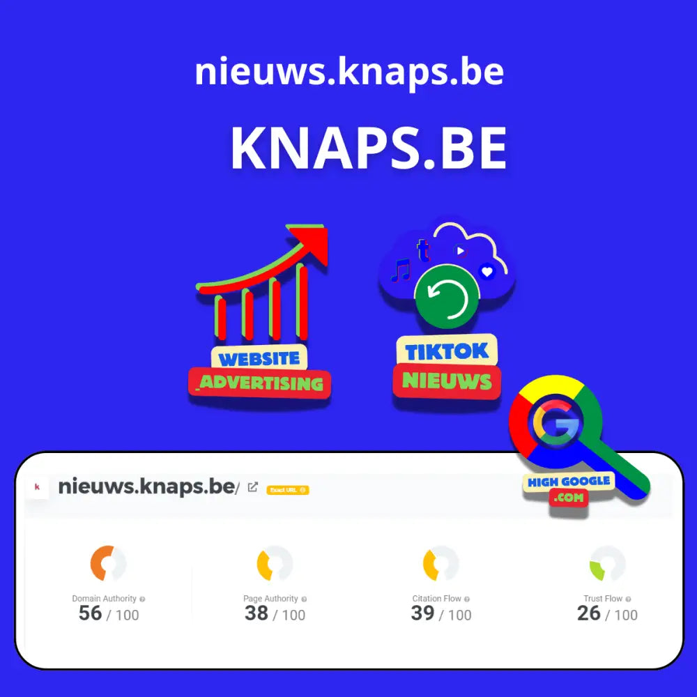 Website performance dashboard van Backlink Knaps met sociale media-iconen op blauwe achtergrond