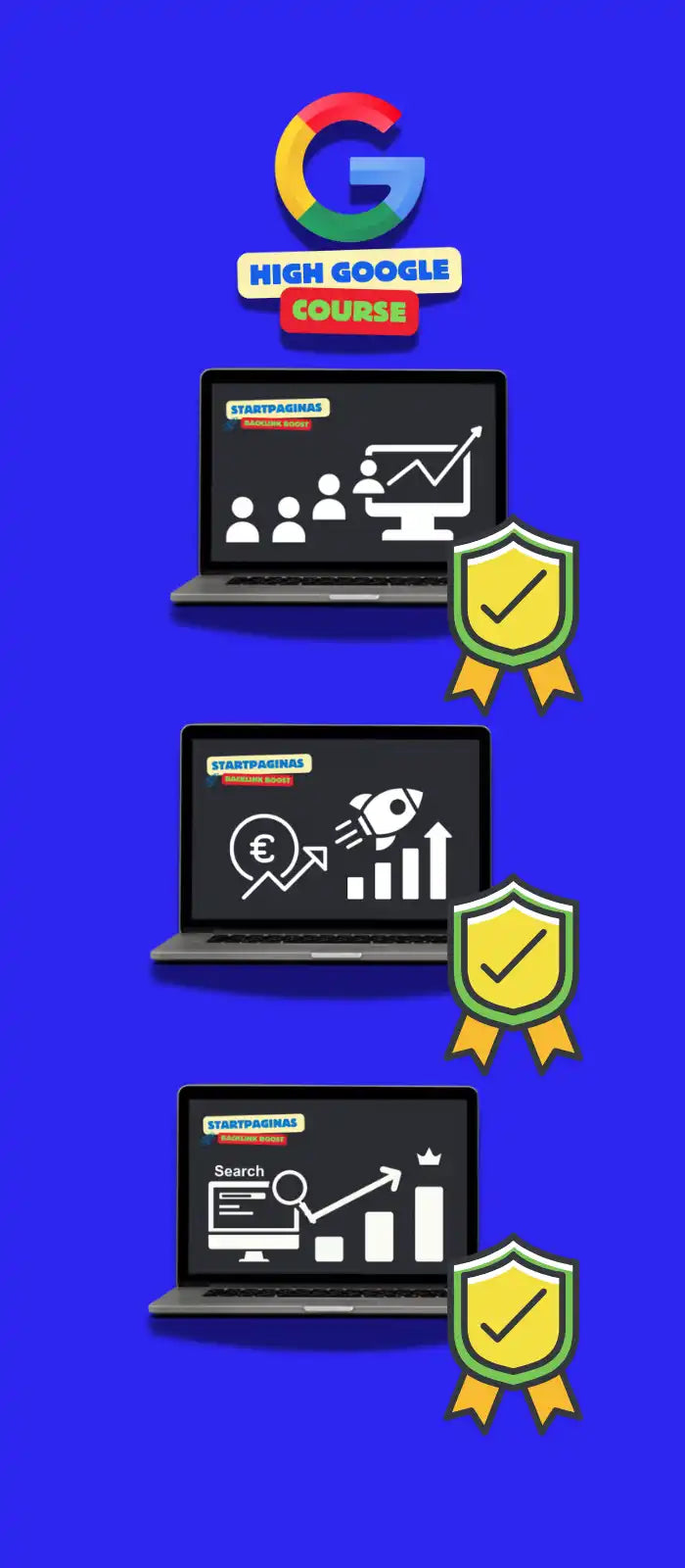 Drie laptop schermen met analysegrafieken en gouden schildemblemen op een blauwe achtergrond met het Google-logo bovenaan.