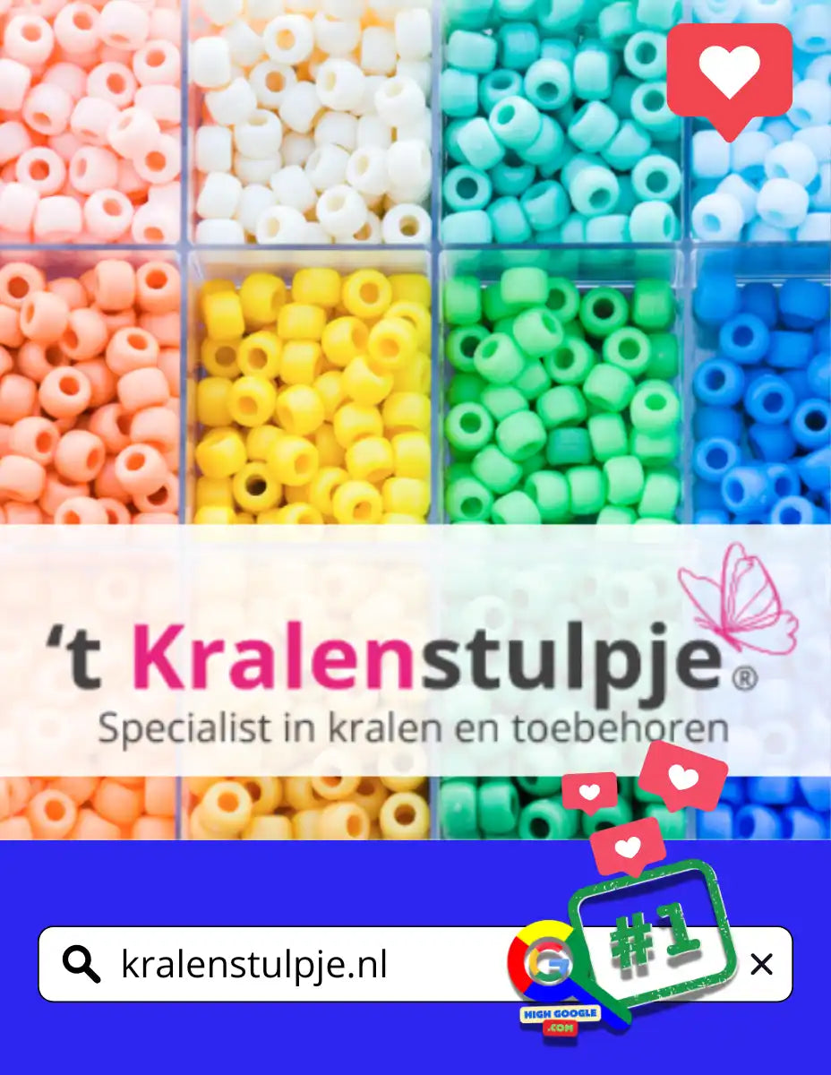 Kleurige plastic kralen gerangschikt in compartimenten die een regenboogspectrum van koraal tot blauw tonen.